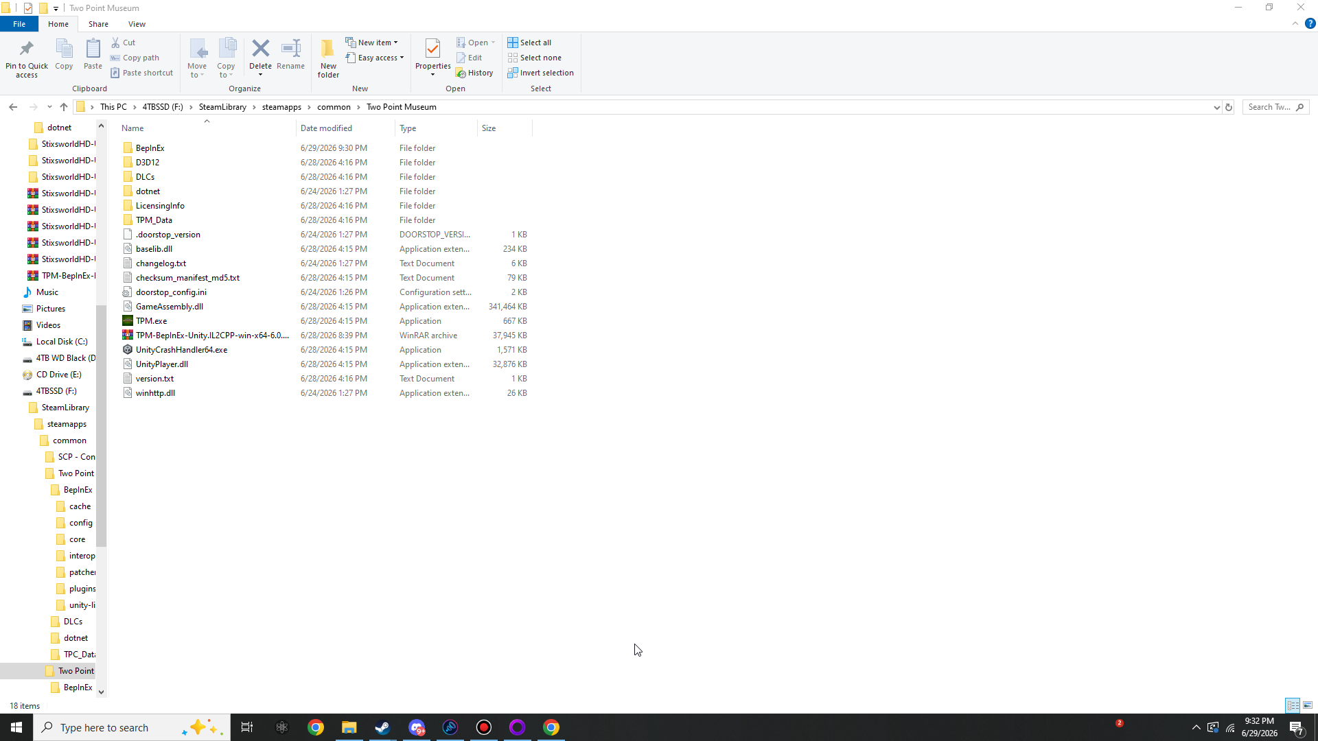 File Explorer at the Two Point Museum game root showing BepInEx, dotnet and D3D12 folders plus winhttp.dll, doorstop_config.ini, GameAssembly.dll and TPM.exe.
