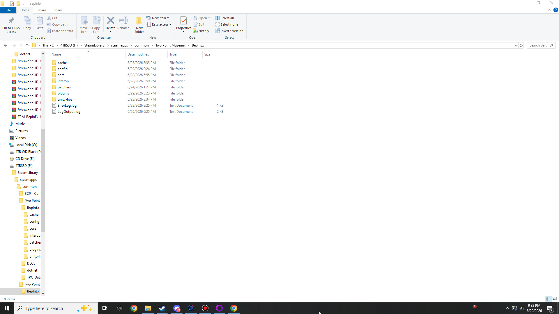 File Explorer inside the BepInEx folder showing cache, config, core, interop, patchers, plugins and unity-libs folders plus ErrorLog.log and LogOutput.log.