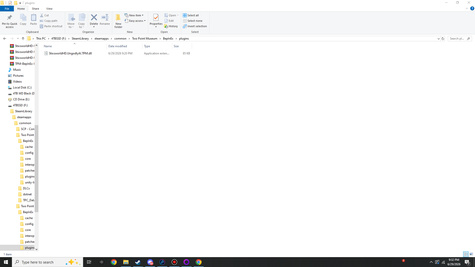File Explorer inside the BepInEx plugins folder containing a single file, StixsworldHD.UngodlyAI.TPM.dll, at 85 KB.