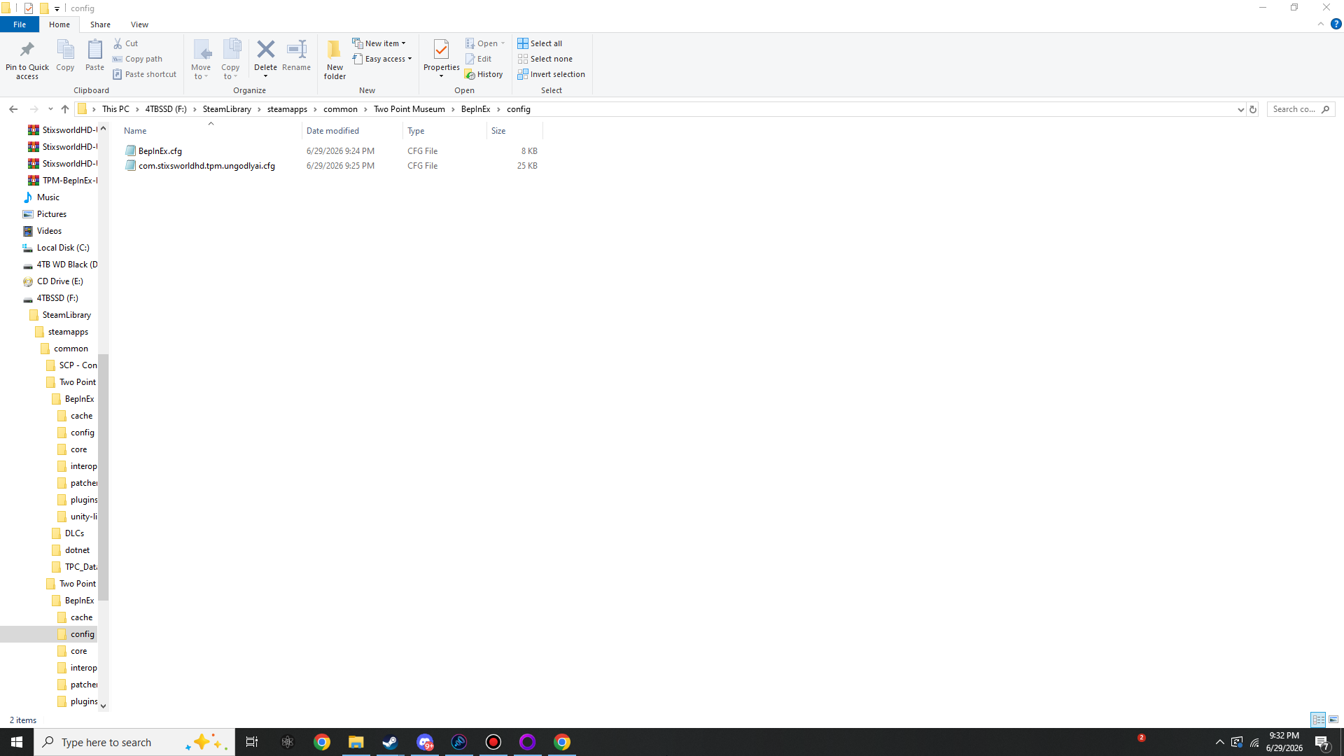 File Explorer inside the BepInEx config folder showing two CFG files: BepInEx.cfg and com.stixsworldhd.tpm.ungodlyai.cfg.